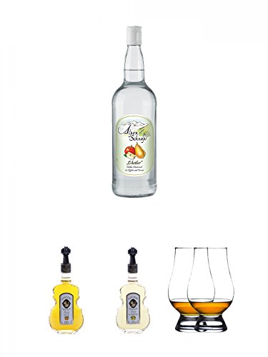 Alpenschnaps Steinbeisser Obstler 1,0 Liter + Nannerl Marillen Likör 20% in Geigenform 0,5 Liter + Nannerl Williamsbirnen - Likör 20% in Geigenform 0,5 Liter + The Glencairn Glas Stölzle 2 Stück von Unbekannt