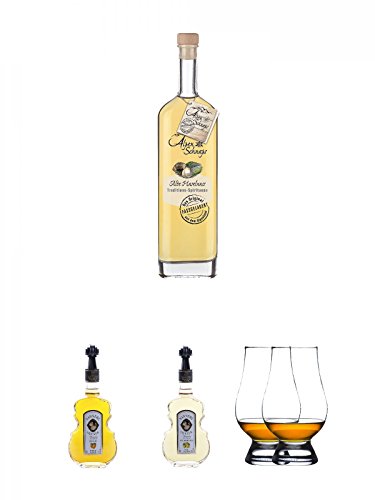 Alpenschnaps Steinbeisser alte Haselnuss 41,8 % 0,5 Liter + Nannerl Marillen Likör 20 % in Geigenform 0,5 Liter + Nannerl Williamsbirnen - Likör 20 % in Geigenform 0,5 Liter + The Glencairn Glas Stölzle 2 Stück von Unbekannt