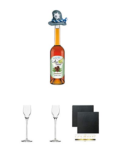 Alpenschnaps Zirbe Zirbenliqueur 0,5 Liter + Edelbrandglas Stölzle 1 Stück - Quadrophil 231/30 + Edelbrandglas Stölzle 1 Stück - Quadrophil 231/30 + Schiefer Glasuntersetzer eckig ca. 9,5 cm Ø 2 Stück von Diverse