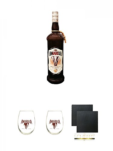 Amarula Südafrika Likör mit Sahne 1,0 Liter + Amarula Likör Tumbler eiförmig + Amarula Likör Tumbler eiförmig + Schiefer Glasuntersetzer eckig ca. 9,5 cm Ø 2 Stück von Diverse