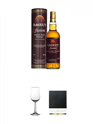 Amrut Fusion Indischer Whisky 0,7 Liter + Nosing Gläser Kelchglas Bugatti mit Eichstrich 2cl und 4cl 1 Stück + Schiefer Glasuntersetzer eckig ca. 9,5 cm Durchmesser von Unbekannt