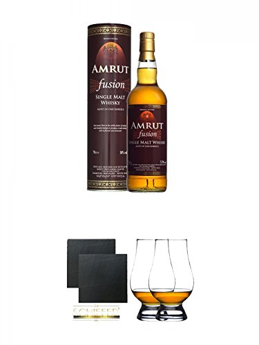 Amrut Fusion Indischer Whisky 0,7 Liter + Schiefer Glasuntersetzer eckig ca. 9,5 cm Ø 2 Stück + The Glencairn Glass Whisky Glas Stölzle 2 Stück von Diverse