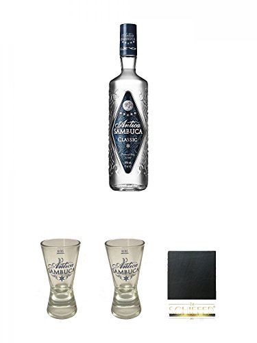 Antica Sambuca Classic 0,7 Liter + Antica Shotglas 1 Stück + Antica Shotglas 1 Stück + Schiefer Glasuntersetzer eckig ca. 9,5 cm Durchmesser von Diverse