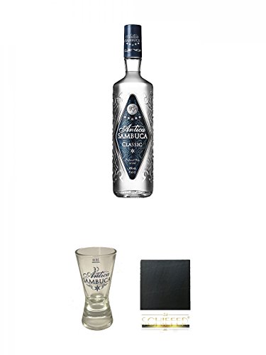 Antica Sambuca Classic 0,7 Liter + Antica Shotglas 1 Stück + Schiefer Glasuntersetzer eckig ca. 9,5 cm Durchmesser von Diverse