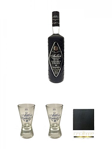 Antica Sambuca Lakritz Likör 0,7 Liter + Antica Shotglas 1 Stück + Antica Shotglas 1 Stück + Schiefer Glasuntersetzer eckig ca. 9,5 cm Durchmesser von Diverse