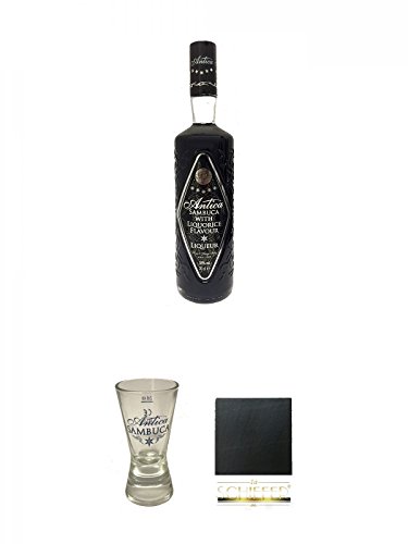 Antica Sambuca Lakritz Likör 0,7 Liter + Antica Shotglas 1 Stück + Schiefer Glasuntersetzer eckig ca. 9,5 cm Durchmesser von Unbekannt