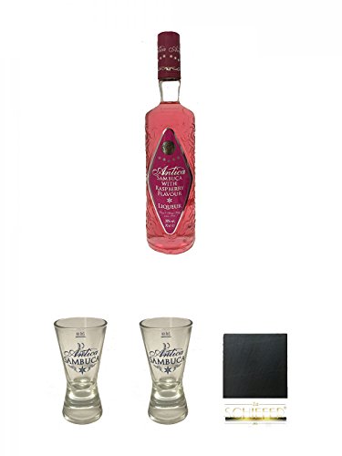 Antica Sambuca Raspberry Likör 0,7 Liter + Antica Shotglas 1 Stück + Antica Shotglas 1 Stück + Schiefer Glasuntersetzer eckig ca. 9,5 cm Durchmesser von Unbekannt