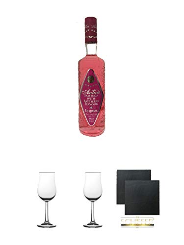 Antica Sambuca Raspberry Likör 0,7 Liter + Nosing Gläser Kelchglas Bugatti mit Eichstrich 2cl und 4cl 1 Stück + Nosing Gläser Kelchglas Bugatti mit Eichstrich 2cl und 4cl 1 Stück + Schiefer Glasuntersetzer eckig ca. 9,5 cm Ø 2 Stück von Unbekannt