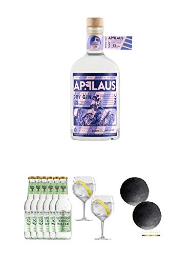 Applaus Gin Stuttgart Trocken 0,5 Liter + Fever Tree Elderflower Tonic Water 6 x 0,2 Liter + Spiegelau Gin & Tonic 4390179 2 Gläser + Schiefer Glasuntersetzer RUND ca. 2 x 9,5 cm Durchmesser von Diverse