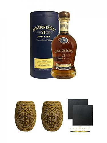 Appleton Estate Extra 21 Jahre Jamaika Rum 0,7 Liter + Plantation MUG ohne Eichstrich 1 Stück + Plantation MUG ohne Eichstrich 1 Stück + Schiefer Glasuntersetzer eckig ca. 9,5 cm Ø 2 Stück von Diverse