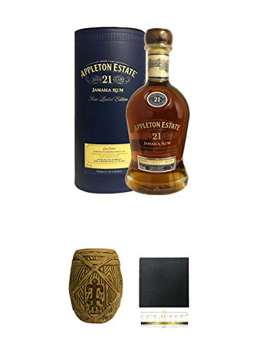 Appleton Estate Extra 21 Jahre Jamaika Rum 0,7 Liter + Plantation MUG ohne Eichstrich 1 Stück + Schiefer Glasuntersetzer eckig ca. 9,5 cm Durchmesser von Diverse