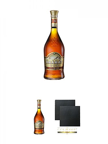 Ararat 3 Sterne Brandy 0,5 Liter + Ararat 3 Sterne Brandy 0,5 Liter + Schiefer Glasuntersetzer eckig ca. 9,5 cm Ø 2 Stück von Diverse