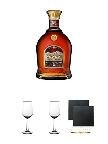 Ararat Nairi - 20 Jahre Brandy 0,5 Liter + 2 Bugatti Nosing Gläser mit Eichstrich 2cl und 4cl + 2 Schiefer Glasuntersetzer eckig ca. 9,5 cm Ø von Diverse