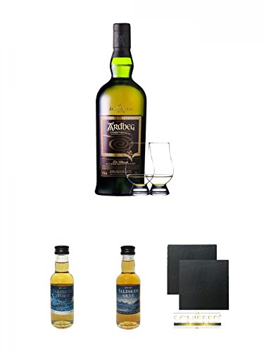 Ardbeg Corryvreckan Islay Single Malt Whisky 0,7 Liter + 2 Glencairn Gläser + Talisker Storm Isle of Skye Single Malt Whisky 0,05 Liter Miniatur + Talisker SKYE Single Malt Whisky 0,05 Liter Miniatur + Schiefer Glasuntersetzer eckig ca. 9,5 cm Ø 2 Stück von Unbekannt