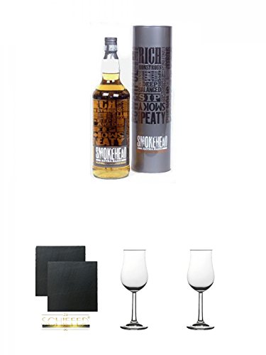 Ardbeg Extra Rare (Ohne Ardbeg auf Label) Smokehead + Schiefer Glasuntersetzer eckig ca. 9,5 cm Ø 2 Stück + Whisky Nosing Gläser Kelchglas Bugatti mit Eichstrich 2cl und 4cl 1 Stück + Whisky Nosing Gläser Kelchglas Bugatti mit Eichstrich 2cl und 4cl 1 Stü von Unbekannt