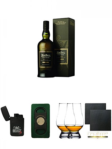 Ardbeg Uigeadail Islay Single Malt Whisky 0,7 Liter + Beast Feuerzeug Laser Jet + Craftsman's Bench Zigarrencutter + The Glencairn Glass Whisky Glas Stölzle 2 Stück + Schiefer Glasuntersetzer eckig ca. 9,5 cm Ø 2 Stück von Unbekannt