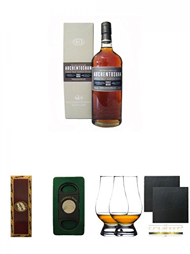 Auchentoshan Three Wood Single Malt Whisky 0,7 Liter + BrickHouse Streichhölzer + Craftsman's Bench Zigarrencutter + The Glencairn Glass Whisky Glas Stölzle 2 Stück + Schiefer Glasuntersetzer eckig ca. 9,5 cm Ø 2 Stück von Unbekannt