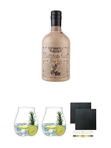 BATHTUB Sloe Gin 33,8% 0,5 Liter + Gin Tonic Glas - 5414/67 + Gin Tonic Glas - 5414/67 + Schiefer Glasuntersetzer eckig ca. 9,5 cm Ø 2 Stück von Unbekannt