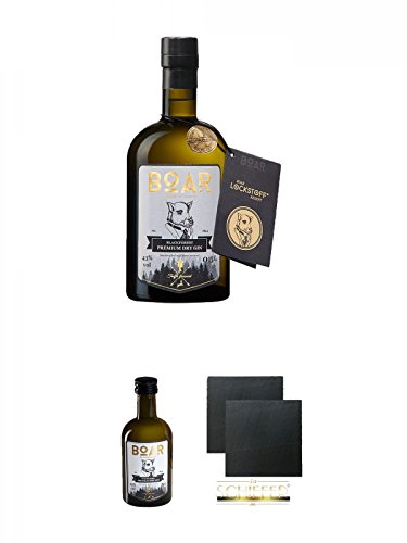 BOAR Premium Dry Gin Schwarzwald Dry Gin 0,5 Liter + BOAR Premium Dry Gin Schwarzwald Dry Gin 0,05 Liter Miniatur + Schiefer Glasuntersetzer eckig ca. 9,5 cm Ø 2 Stück von Unbekannt