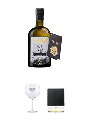 BOAR Premium Dry Gin Schwarzwald Dry Gin 0,5 Liter + Citadelle Ballon GIN Glas 1 Stück + Schiefer Glasuntersetzer eckig ca. 9,5 cm Durchmesser von Unbekannt