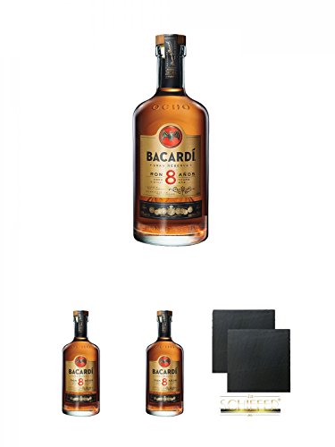 Bacardi 8 Jahre 0,7 Liter + Bacardi 8 Jahre 0,7 Liter + Bacardi 8 Jahre 0,7 Liter + Schiefer Glasuntersetzer eckig ca. 9,5 cm Ø 2 Stück von Diverse