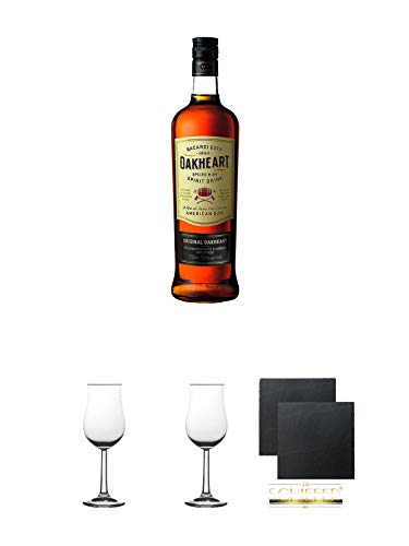 Bacardi Oakheart 0,7 Liter + 2 Bugatti Nosing Gläser mit Eichstrich 2cl und 4cl + 2 Schiefer Glasuntersetzer eckig ca. 9,5 cm Ø von Diverse