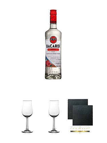 Bacardi Razz Bahamas 0,7 Liter + 2 Bugatti Nosing Gläser mit Eichstrich 2cl und 4cl + 2 Schiefer Glasuntersetzer eckig ca. 9,5 cm Ø von Diverse