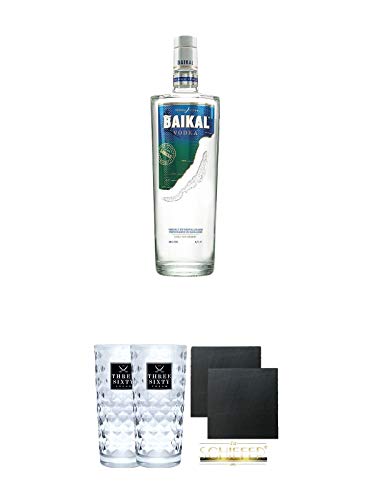 Baikal Vodka 0,7 Liter 40% + Three Sixty Vodka Gläser 2 Stück + Schiefer Glasuntersetzer eckig ca. 9,5 cm Ø 2 Stück von Diverse