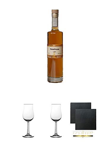 Bauer Haselnusslikör 20 % 0,5 Liter + Nosing Gläser Kelchglas Bugatti mit Eichstrich 2cl und 4cl 1 Stück + Nosing Gläser Kelchglas Bugatti mit Eichstrich 2cl und 4cl 1 Stück + Schiefer Glasuntersetzer eckig ca. 9,5 cm Ø 2 Stück von Unbekannt