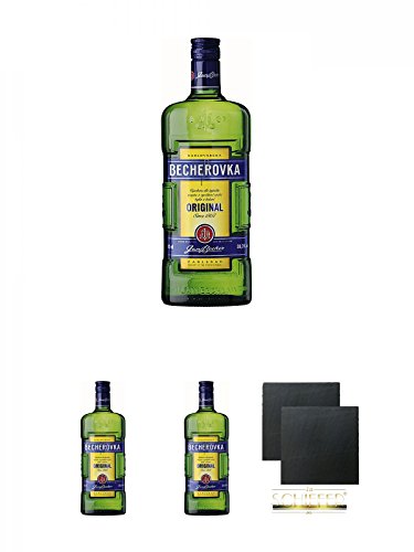 Becherovka Kräuterlikör aus Tschechien 3 x 1,0 Liter + Schiefer Glasuntersetzer eckig ca. 9,5 cm Ø 2 Stück von Unbekannt