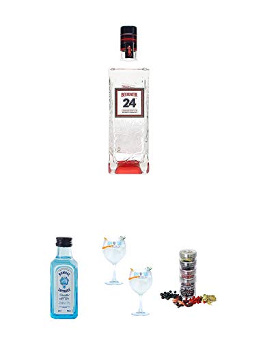 Beefeater 24 London Dry Gin 0,7 Liter + Bombay Sapphire Gin 5 cl Miniatur + Gin Sul Copo Ballon Glas 2 Stück + Gin Flight Gewürze zum Verfeinern von Gin Tonic 1er Pack 1 x 12 Gramm von Unbekannt