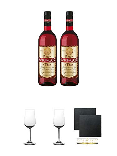 Behn roter Wikinger 2 x 0,75 Liter + Nosing Gläser Kelchglas Bugatti mit Eichstrich 2cl und 4cl 1 Stück + Nosing Gläser Kelchglas Bugatti mit Eichstrich 2cl und 4cl 1 Stück + Schiefer Glasuntersetzer eckig ca. 9,5 cm Ø 2 Stück von Unbekannt