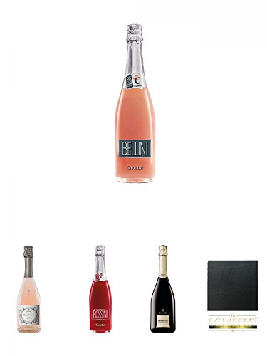 Bellini di Canella 0,75 Liter + Canella Rosé brut Metodo Martinotti 0,75 Liter + Bellini di Canella Rossini 0,75 Liter + Canella Prosecco Spumante DOC extra dry 0,7 Liter + Schiefer Glasuntersetzer eckig ca. 9,5 cm Durchmesser von Unbekannt