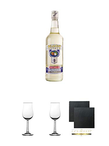 Belmont Estate Caribbean (weisser) Coconut 0,7 Liter + 2 Bugatti Nosing Gläser mit Eichstrich 2cl und 4cl + 2 Schiefer Glasuntersetzer eckig ca. 9,5 cm Ø von Diverse