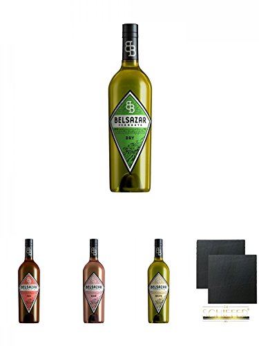 Belsazar Vermouth DRY 0,75 Liter + Belsazar Vermouth RED 0,75 Liter + Belsazar Vermouth Rose 0,75 Liter + Belsazar Vermouth White 0,75 Liter + Schiefer Glasuntersetzer eckig ca. 9,5 cm Ø 2 Stück von Diverse