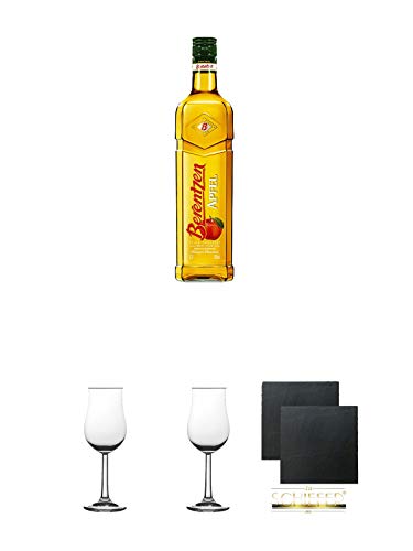 Berentzen Apfel Deutschland 0,7 Liter + Nosing Gläser Kelchglas Bugatti mit Eichstrich 2cl und 4cl 1 Stück + Nosing Gläser Kelchglas Bugatti mit Eichstrich 2cl und 4cl 1 Stück + Schiefer Glasuntersetzer eckig ca. 9,5 cm Ø 2 Stück von Unbekannt