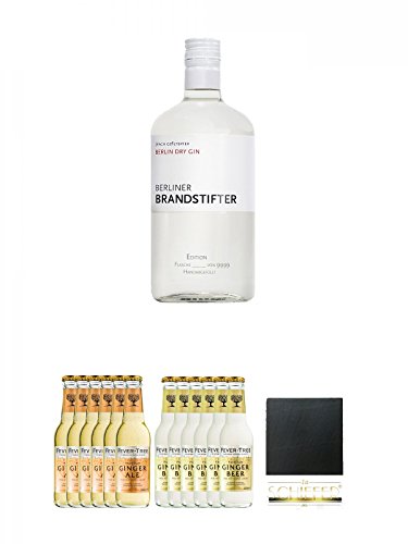 Berliner Brandstifter Dry Gin Deutschland 0,7 Liter + Fever Tree Ginger Ale 6 x 0,2 Liter + Fever Tree Ginger Beer 6 x 0,2 Liter + Schiefer Glasuntersetzer eckig ca. 9,5 cm Durchmesser von Unbekannt