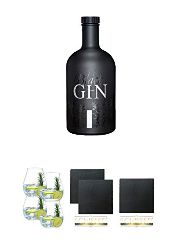 Black Gin Gansloser Deutschland 0,7 Liter + Gin Tonic Glas - 5414/67 4er Set + Schiefer Glasuntersetzer eckig ca. 9,5 cm Ø 2 Stück + Schiefer Glasuntersetzer eckig ca. 9,5 cm Durchmesser von Unbekannt