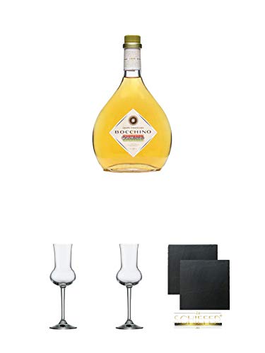 Bocchino Grappa Gran Moscato Italien 0,7 Liter + Grappaglas Stölzle 1 Stück - 205/26 + Grappaglas Stölzle 1 Stück - 205/26 + Schiefer Glasuntersetzer eckig ca. 9,5 cm Ø 2 Stück von Diverse