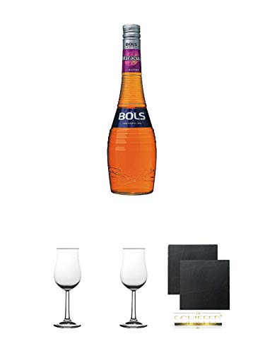 Bols Maracuja Likör 0,7 Liter + 2 Bugatti Nosing Gläser mit Eichstrich 2cl und 4 cl + 2 Schiefer Glasuntersetzer eckig ca. 9,5 cm Ø von Unbekannt