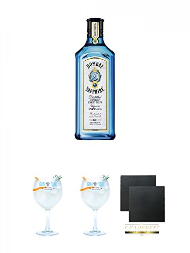 Bombay Sapphire Gin 0,7 Liter + Gin Sul Copo Ballon Glas 1 Stück + Gin Sul Copo Ballon Glas 1 Stück + Schiefer Glasuntersetzer eckig ca. 9,5 cm Ø 2 Stück von Unbekannt
