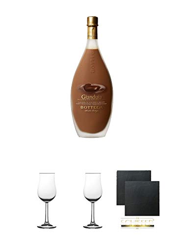 Bottega Gianduia Nougat Crèmelikör Grappa 17% 0,5 Liter + 2 Bugatti Nosing Gläser mit Eichstrich 2cl und 4cl + 2 Schiefer Glasuntersetzer eckig ca. 9,5 cm Ø von Unbekannt