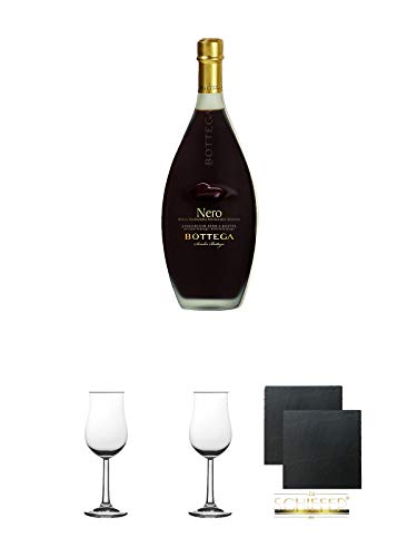 Bottega Nero Dunkle Schokolade Grappa 15% 0,5 Liter + 2 Bugatti Nosing Gläser mit Eichstrich 2cl und 4cl + 2 Schiefer Glasuntersetzer eckig ca. 9,5 cm Ø von Diverse