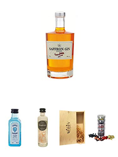 Boudier Saffron Frankreich Gin 0,7 Liter + Bombay Sapphire Gin 5 cl Miniatur + Friedrichs Gin 0,04 Liter Miniatur + 1a Whisky Holzbox für 2 Flaschen mit Schiebedeckel + Gin Flight Gewürze zum Verfeinern von Gin Tonic 1er Pack 1 x 12 Gramm von Unbekannt