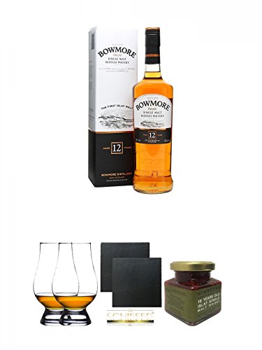 Bowmore 12 Jahre Islay Single Malt Whisky 0,7 Liter + The Glencairn Glass Whisky Glas Stölzle 2 Stück + Schiefer Glasuntersetzer eckig ca. 9,5 cm Ø 2 Stück + Islay 16 Jahre Single Malt Himbeer Marmelade 150g im Glas von Unbekannt