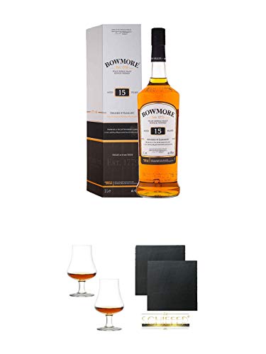 Bowmore 15 Jahre Golden & Elegant 1,0 Liter + Stölzle Nosingglas für Whisky 2 Gläser - 1610031 + Schiefer Glasuntersetzer eckig ca. 9,5 cm Ø 2 Stück von Diverse