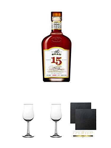 Brandy Suau 1851 15 Jahre 0,7 Liter + 2 Bugatti Nosing Gläser mit Eichstrich 2cl und 4cl + 2 Schiefer Glasuntersetzer eckig ca. 9,5 cm Ø von Diverse