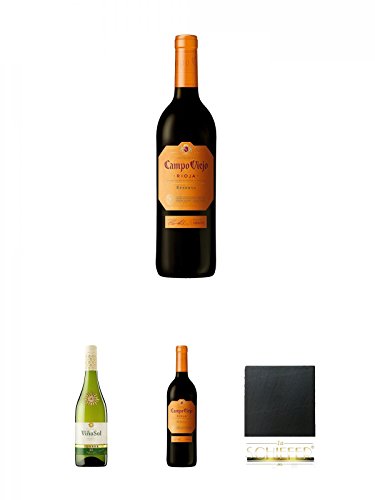 Campo Viejo Reserva 0,75 Liter + Torres Miguel Spanien VINA SOL Weisswein 0,7 Liter + Campo Viejo Reserva 0,75 Liter + Schiefer Glasuntersetzer eckig ca. 9,5 cm Durchmesser von Unbekannt