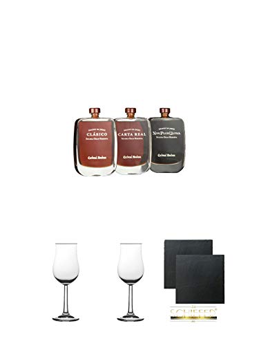 Cardenal Mendoza Collection 3 x 0,1 Liter + Nosing Gläser Kelchglas Bugatti mit Eichstrich 2cl und 4cl 1 Stück + Nosing Gläser Kelchglas Bugatti mit Eichstrich 2cl und 4cl 1 Stück + Schiefer Glasuntersetzer eckig ca. 9,5 cm Ø 2 Stück von Unbekannt