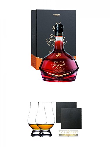 Carlos I Imperial 15 Jahre spanischer Brandy in GP 0,7 Liter + The Glencairn Glass Whisky Glas Stölzle 2 Stück + Schiefer Glasuntersetzer eckig ca. 9,5 cm Ø 2 Stück von Diverse